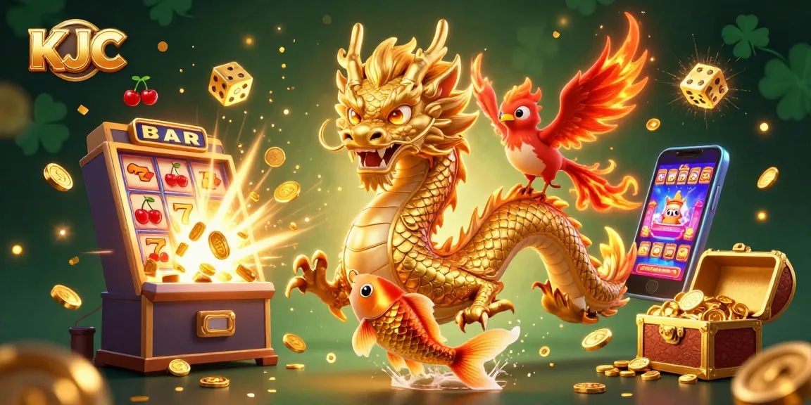KJC showcases a vibrant scene with a golden dragon and phoenix amid coins, celebrating wins in online gaming.