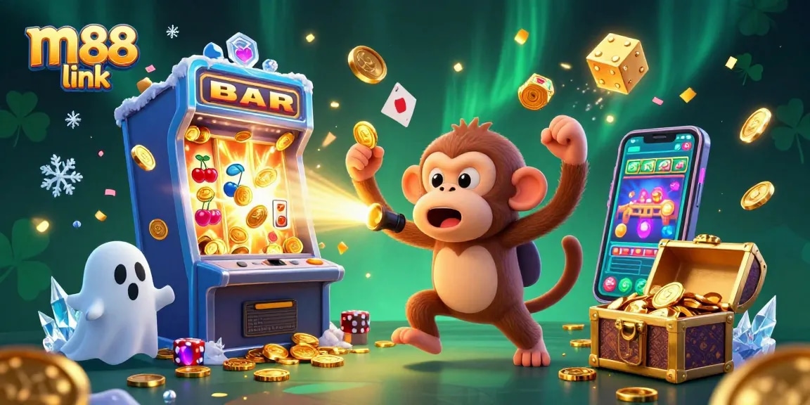 Experience the thrill of m88 link with a lively casino scene featuring a mischievous monkey juggling coins.