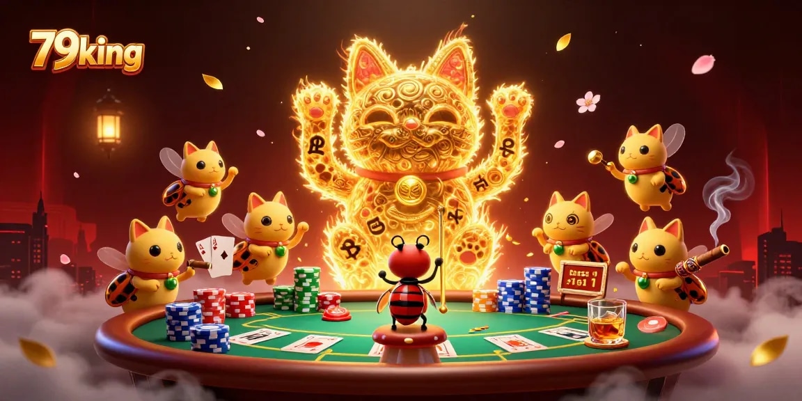 Experience thrilling wins with 79king as golden fireflies form a lucky cat at a vibrant casino setting.