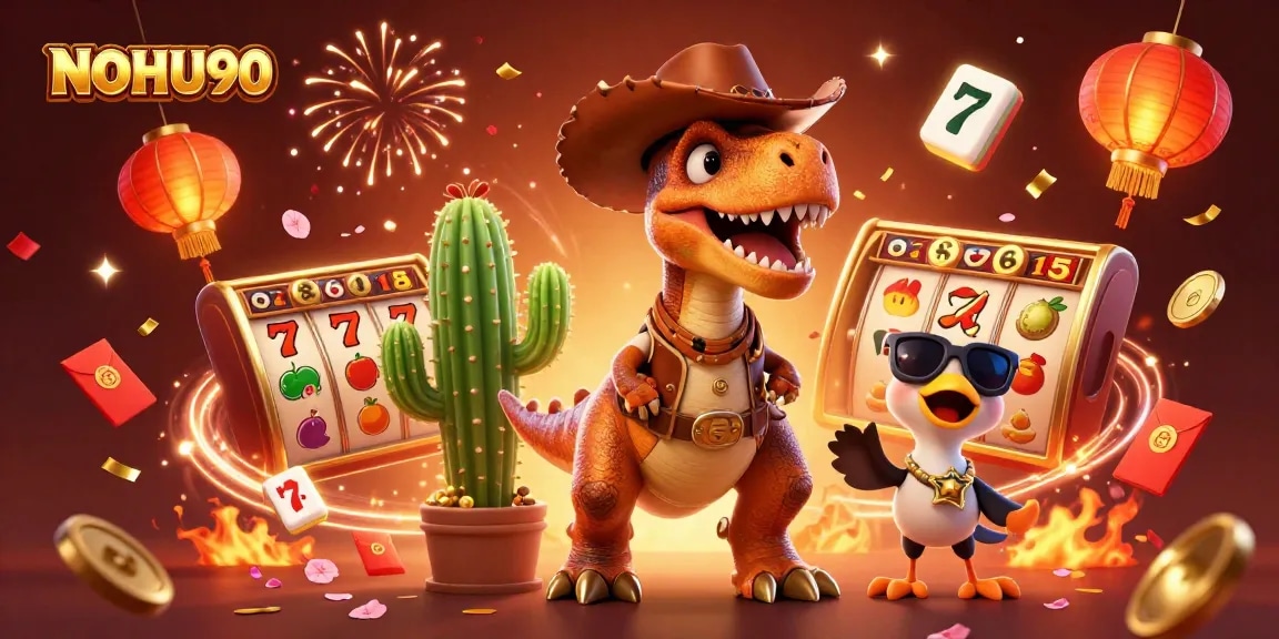 Spin the reels with NOHU90; a vibrant 3D scene featuring a T-Rex and friends in a casino setting