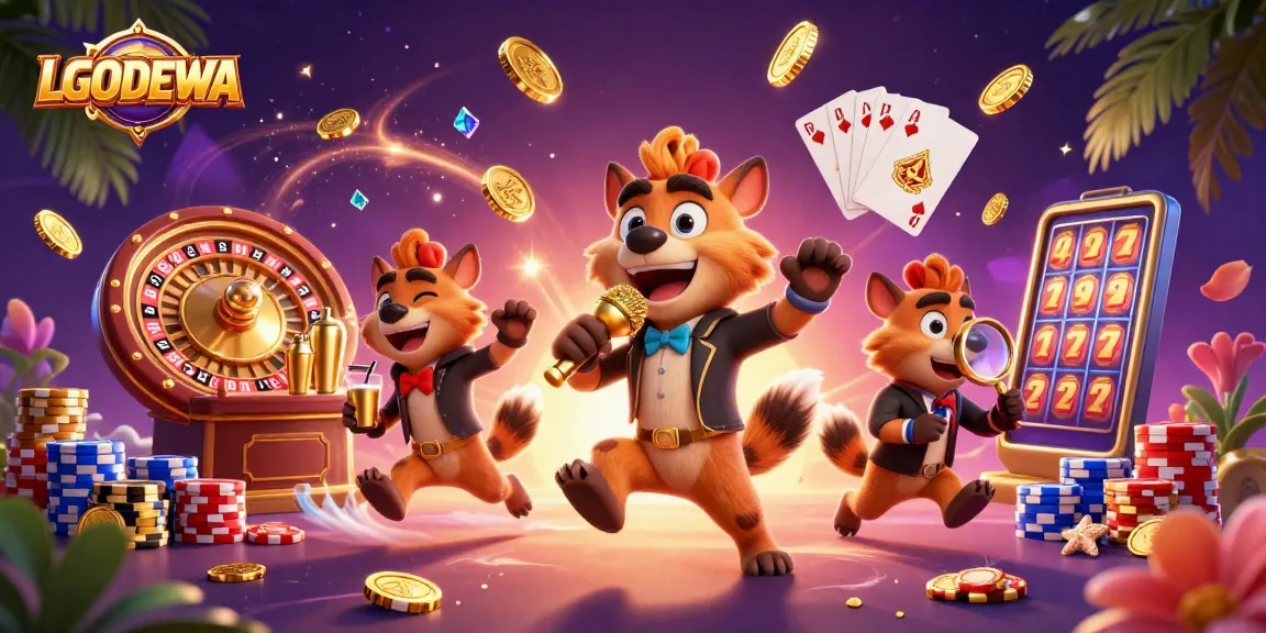 Engage with LGODEWA's vibrant casino experience featuring animated hyenas in a lively comedy club.