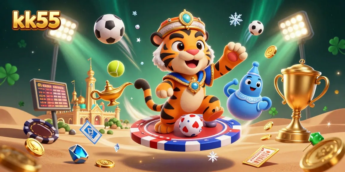 Engaging players with kk55, a vibrant 3D illustration showcasing dynamic sports and casino elements.