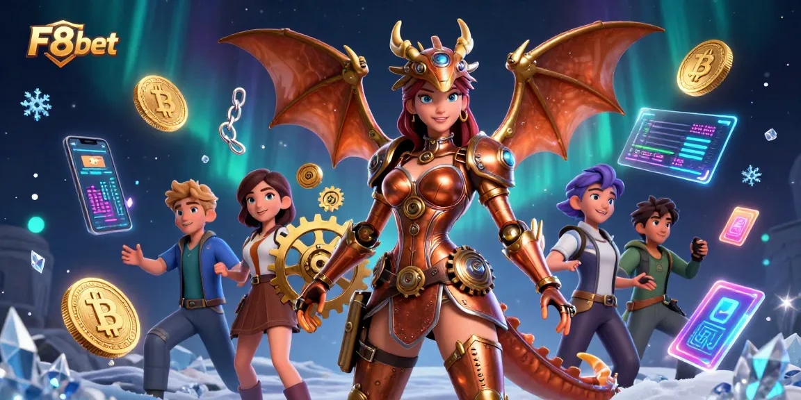 Engage with exciting gaming elements at F8bet featuring a steampunk woman and clockwork dragon.