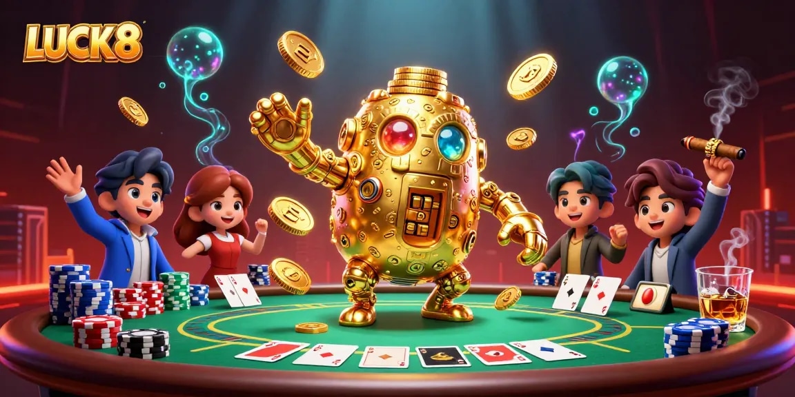 Play thrilling games at LUCK8 with a vibrant scene showcasing a golden golem and poker action.