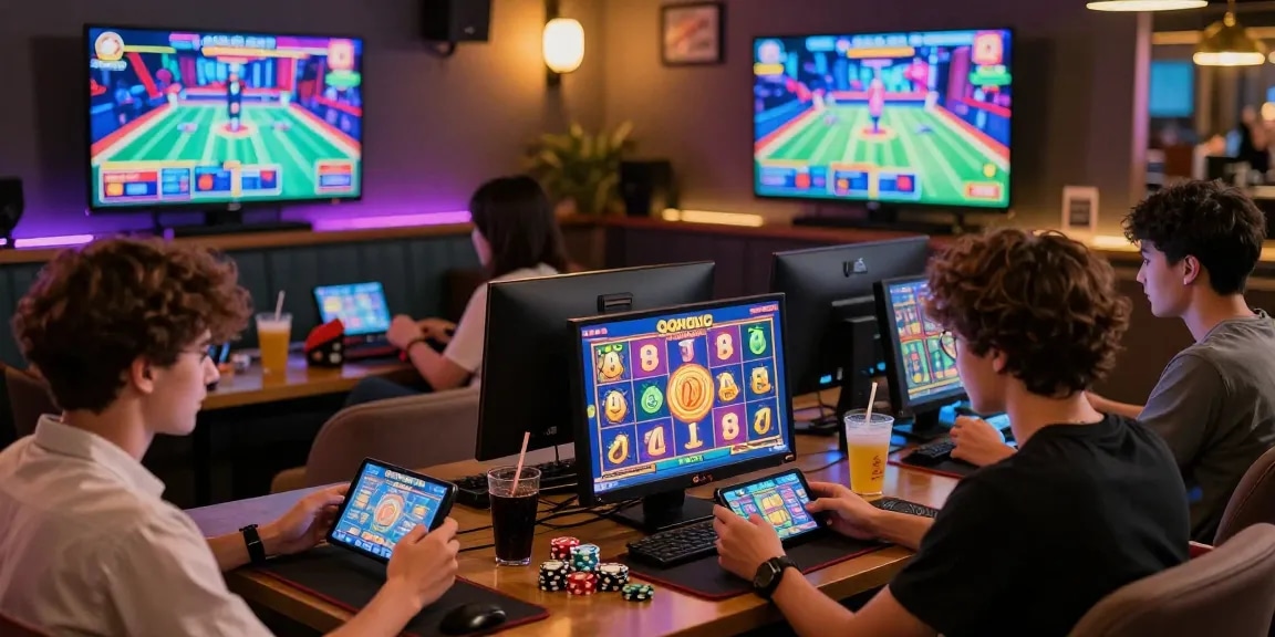 Engaged players enjoying QQHOLIC Slot Gacor & SlotQQ in a vibrant lounge setting, showcasing interactive gaming.