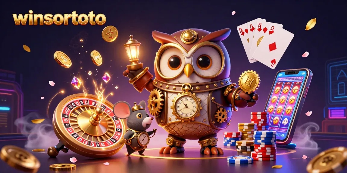 Experience excitement with winsortoto in a vibrant steampunk casino illustration featuring dynamic characters and game elements.