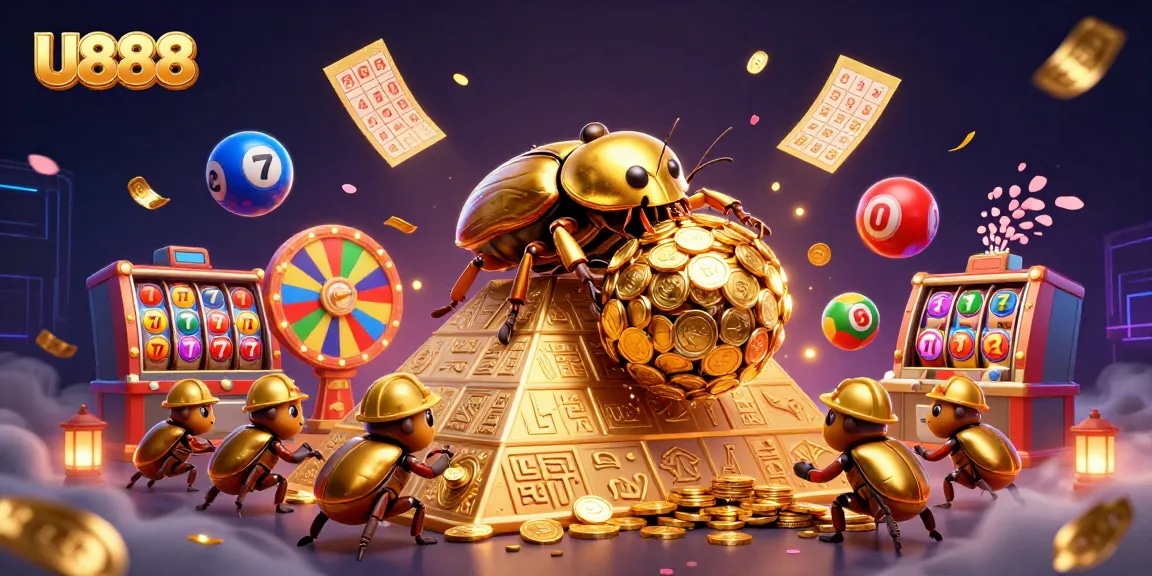 Engage in thrilling gameplay at U888 with colorful lottery balls and gold coin pyramids.