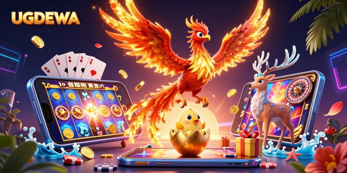 Play and win exciting games like slots at UGDEWA, featuring a vibrant 3D phoenix scene.