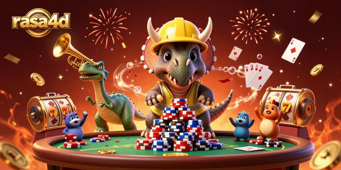 rasa4d menawarkan suasana kasino dengan triceratops membangun menara chip poker, dikelilingi elemen permainan yang menarik.
