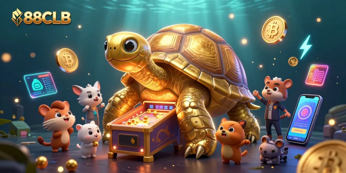 Engage with 88CLB in this vibrant, dynamic 3D casino scene featuring a golden tortoise pinball machine.