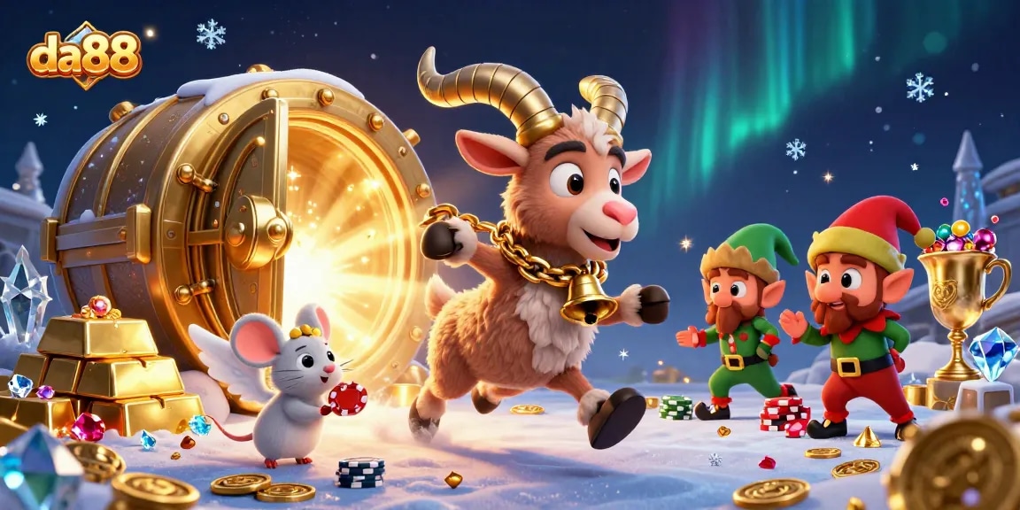 Engage with da88, a lively holiday casino scene featuring festive characters in a whimsical setting.
