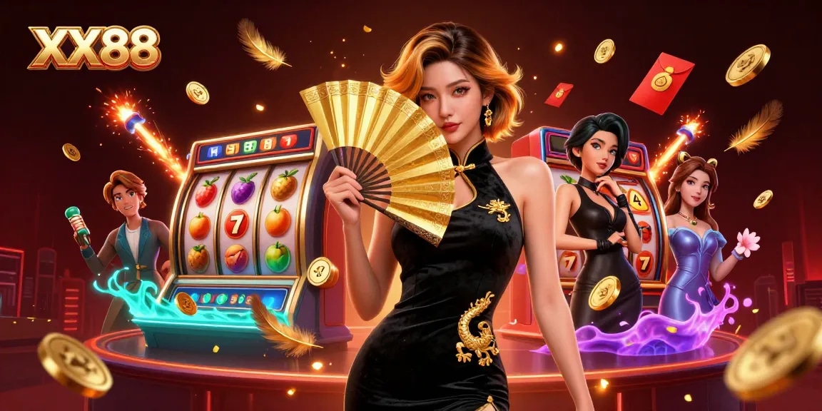 Engage with XX88 by spinning fruit-themed slot reels amidst vibrant casino lights and elements.