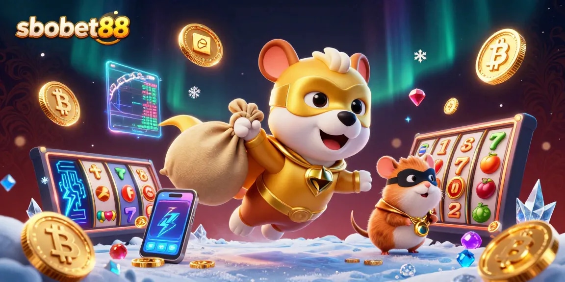 Engage with sbobet88: A thrilling 3D illustration of a superhero dog and sidekick hamster taking flight with luck and gold coins in the digital casino world.