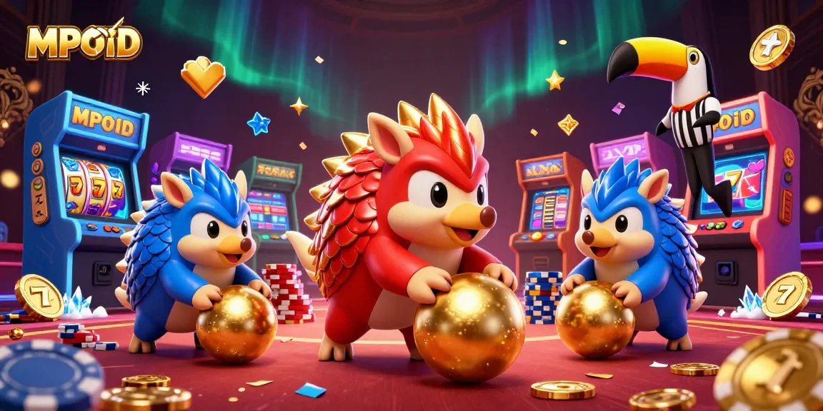 Engage with MPOID's vibrant gaming scene featuring pangolins celebrating wins amidst casino elements.