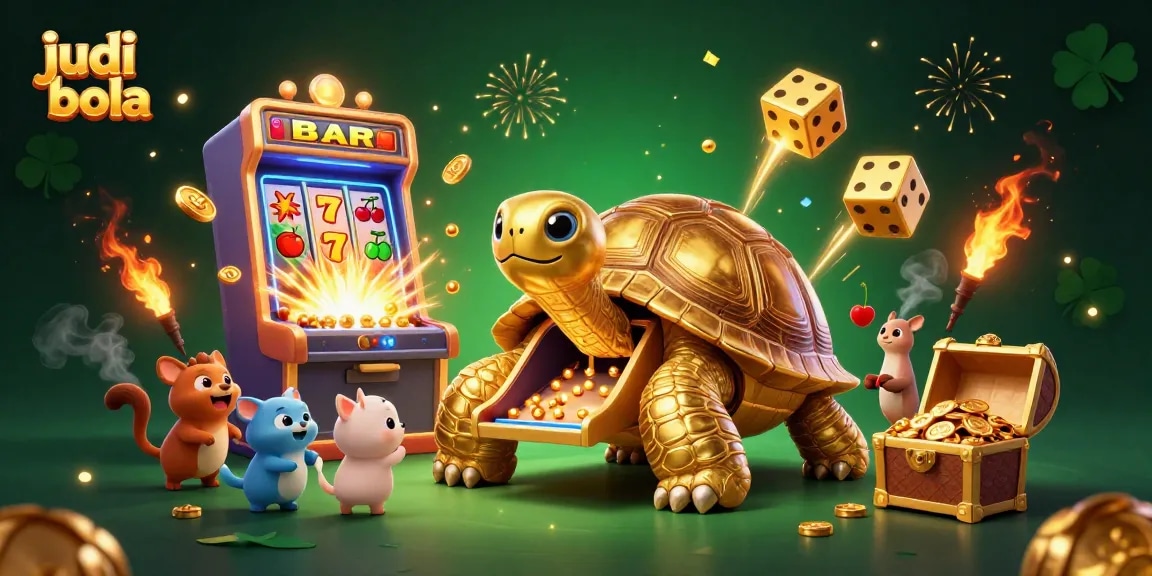 Engage with judi bola as the golden tortoise and playful characters bring excitement to a 3D carnival atmosphere.