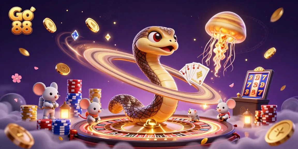 Engage with Go 88's thrilling gaming universe filled with cosmic characters and vibrant casino elements.