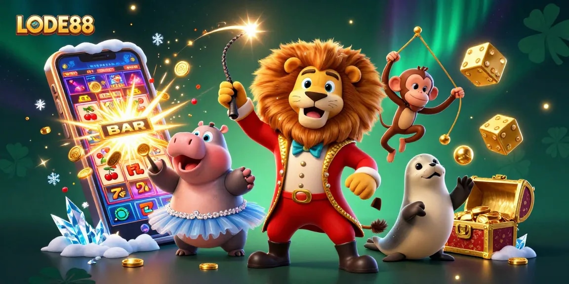 Experience the thrill of winning with LODE88 in this dynamic casino scene featuring vibrant characters and jackpots.