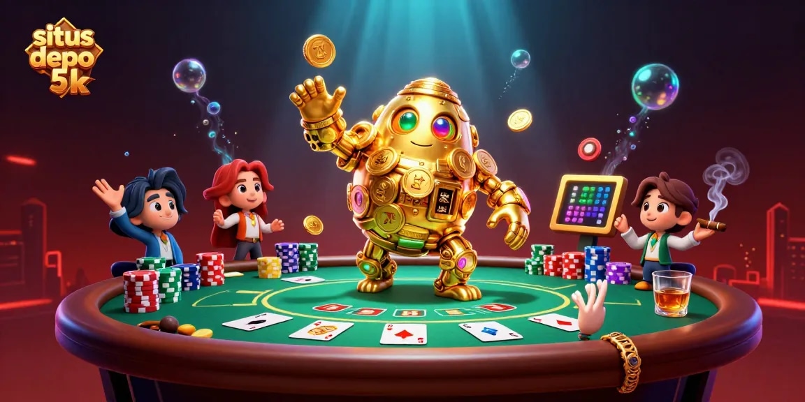 Play and win on situs depo 5k with a 3D golden golem surrounded by poker elements.