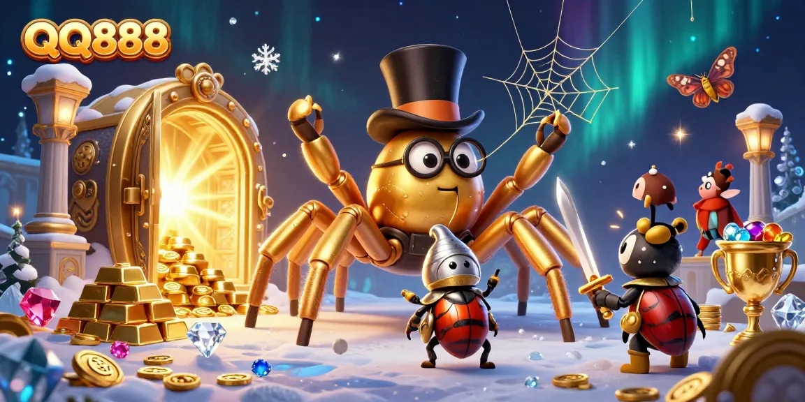 Engage in winning strategies with QQ888, featuring a golden tarantula and beetle knight in a vibrant casino setting.