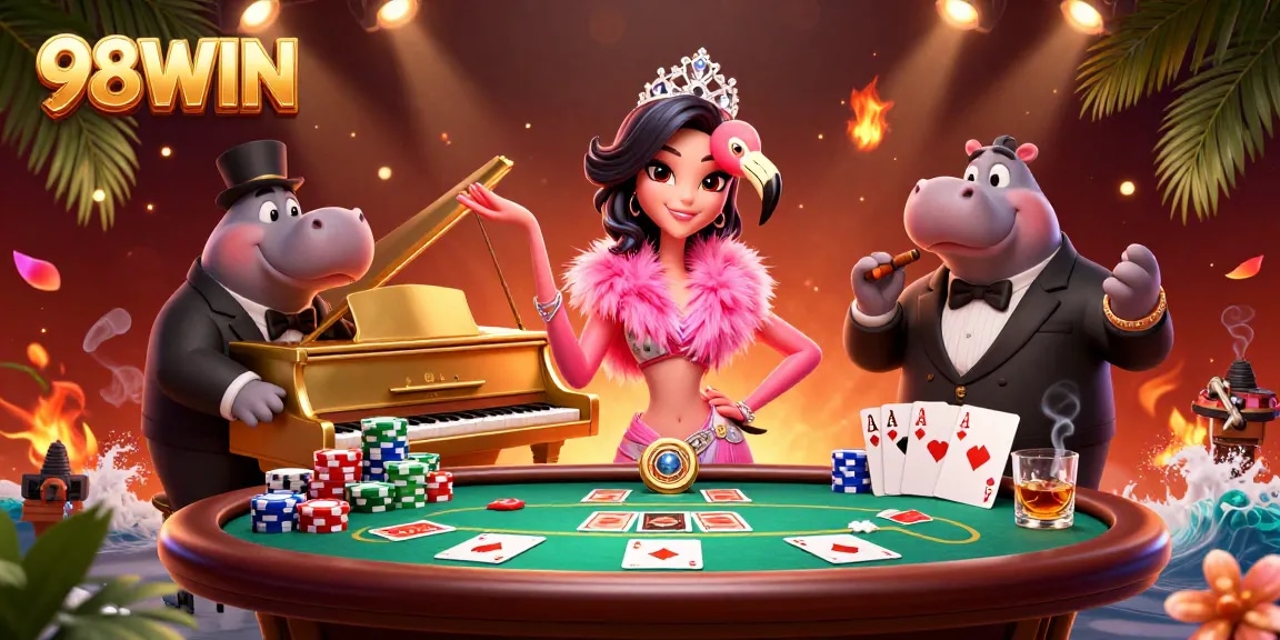 Engage in exciting gameplay at 98WIN with a vibrant casino scene featuring colorful poker elements.