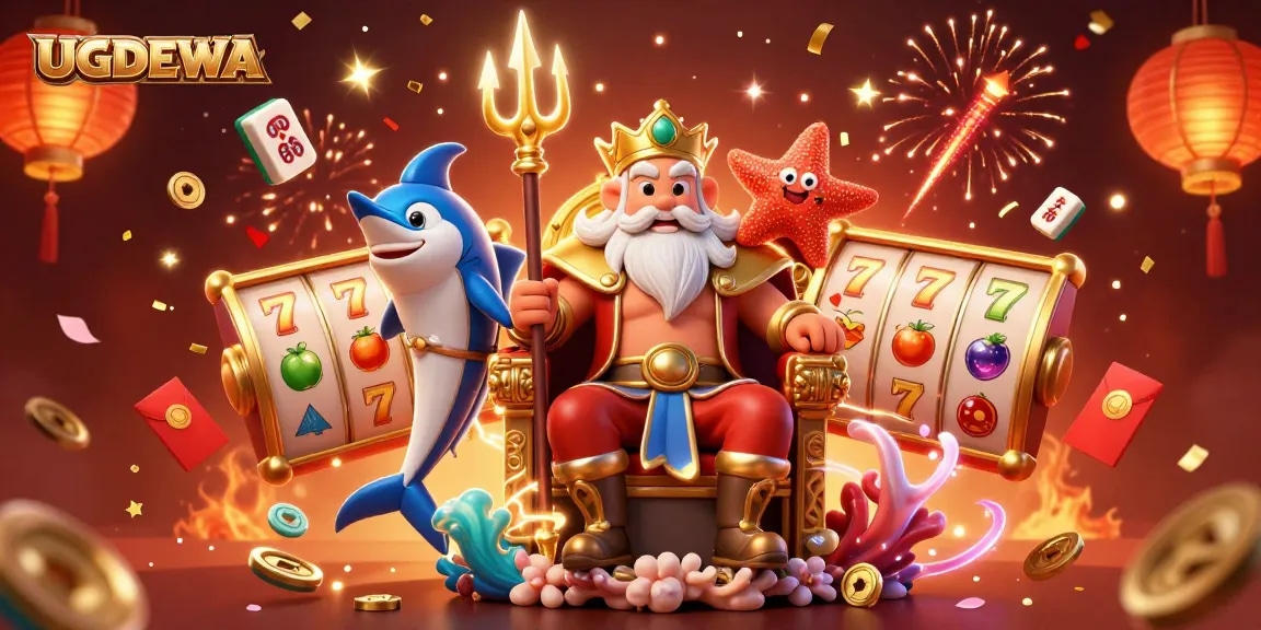 Spin for fortune on UGDEWA’s dazzling slot games, featuring Neptune and vibrant treasures.
