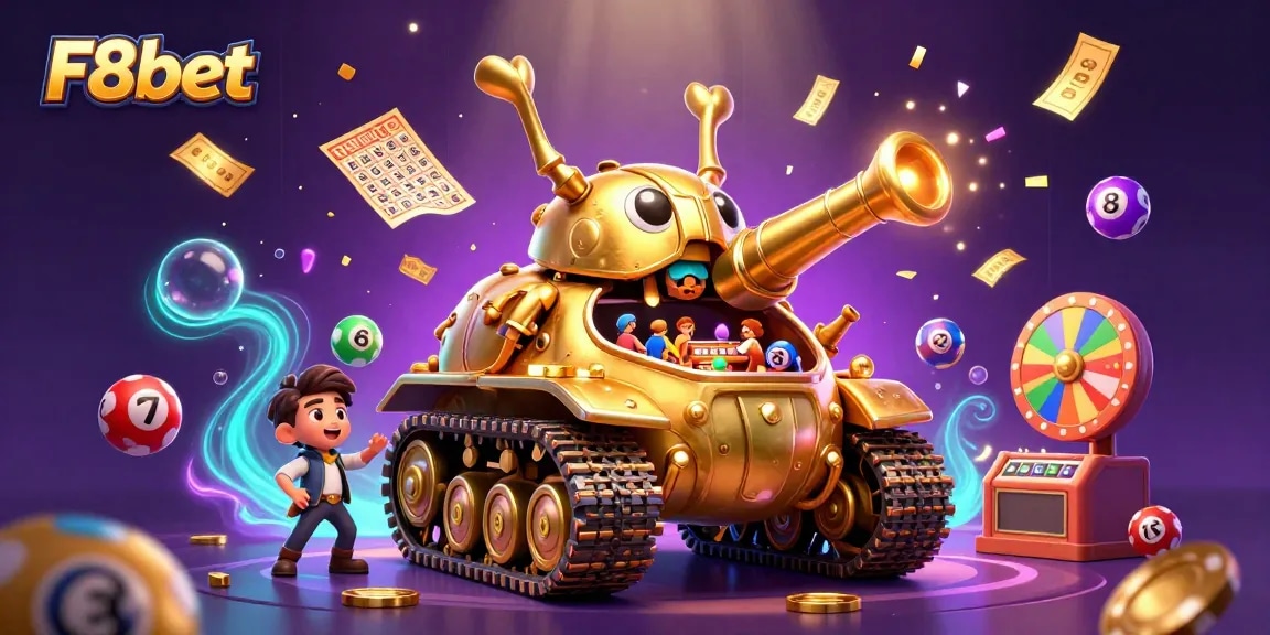 Experience F8bet's vibrant casino adventure inside a golden beetle tank, bursting with lottery excitement.
