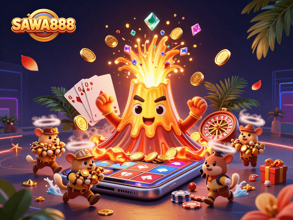 Experience thrilling games at SAWA888 with exciting coins and treasures erupting in a vibrant casino scene.
