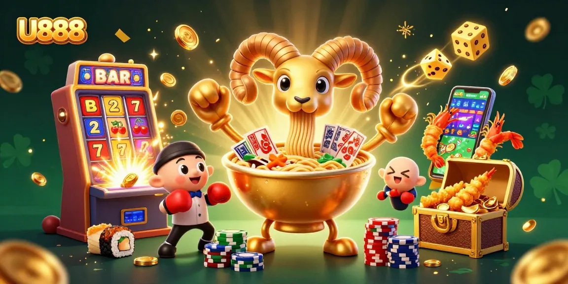U888 casino art showcasing a giant ramen bowl dealer with vibrant slot themes