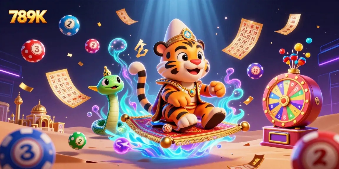 Engage with 789K's vibrant casino experience featuring colorful lottery balls and a majestic Arabian sultan.