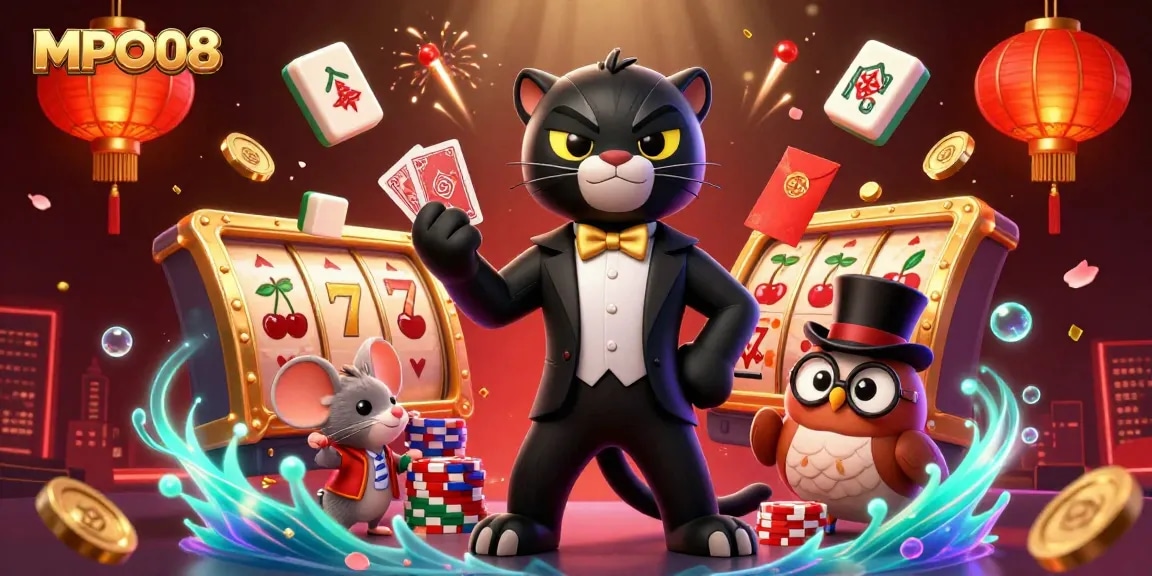 MPO08 showcases dynamic casino fun with a panther dealing cards, an owl with poker chips, and a lucky mouse amid spinning slots and festive decor.