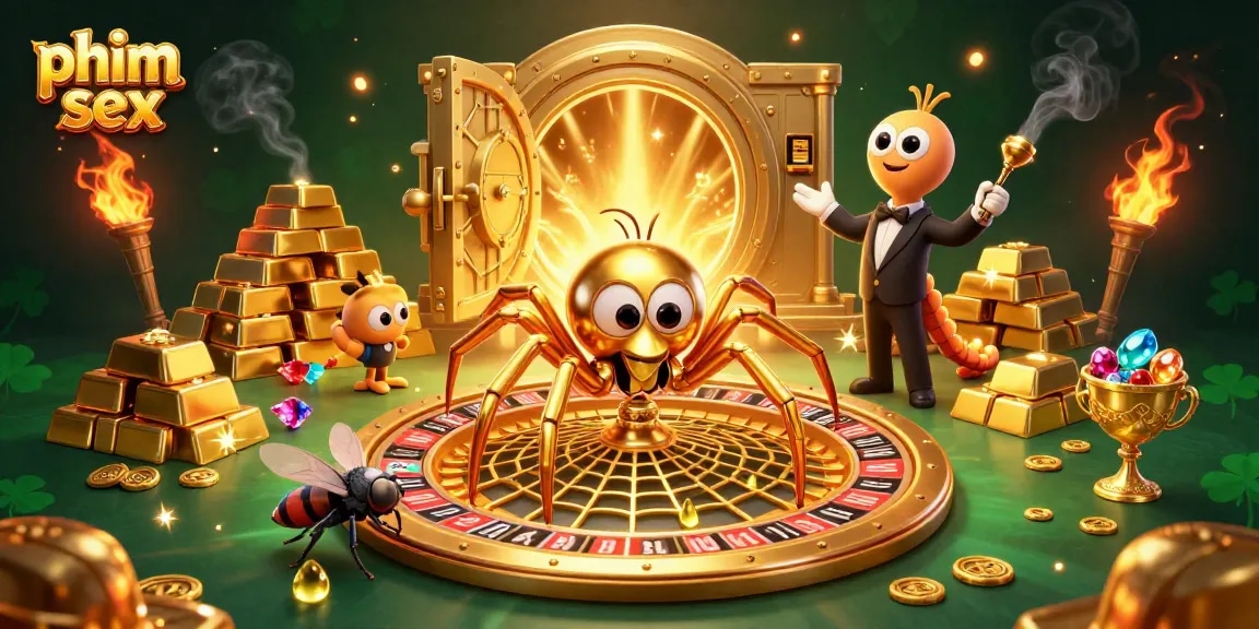 A 3D scene of the 'phim sex' casino world featuring a golden spider roulette wheel and characters betting.