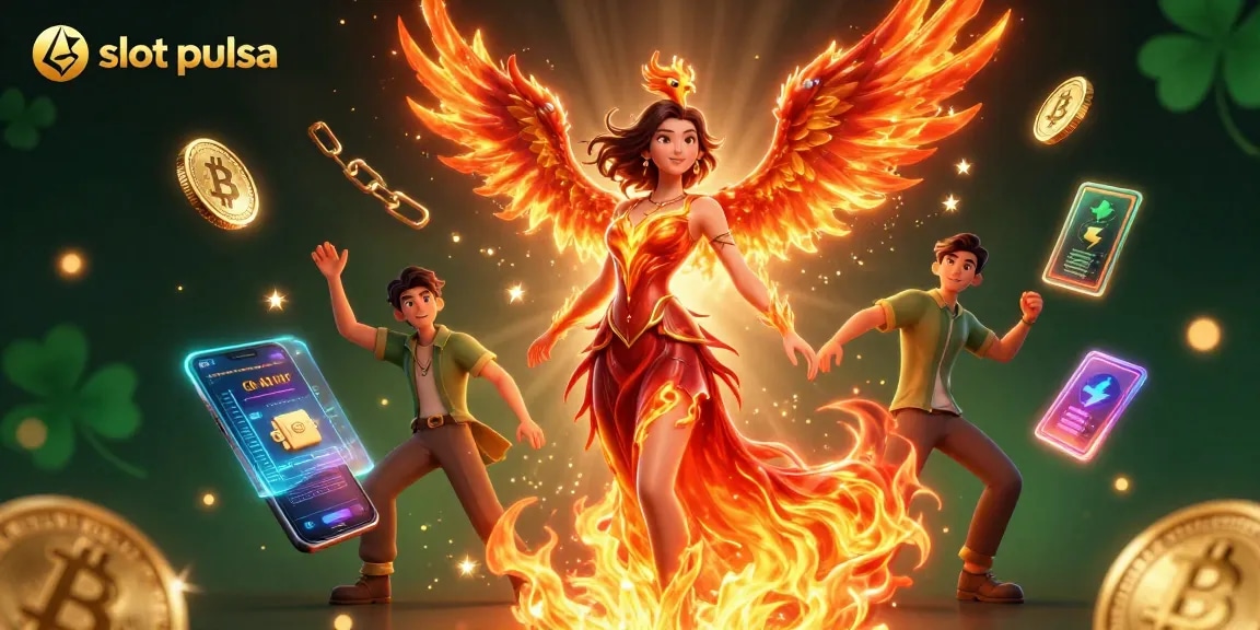 Play slot pulsa with engaging visuals featuring an Asian woman in a fiery gown and colorful 3D elements.
