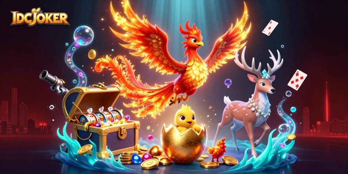 Spin the reels with IDCJOKER's captivating slot illustrations, featuring a magical phoenix and stunning treasures.