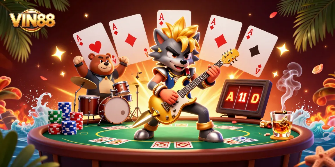 Play thrilling casino games with VIN88's vibrant 3D casino illustration showcasing poker excitement.