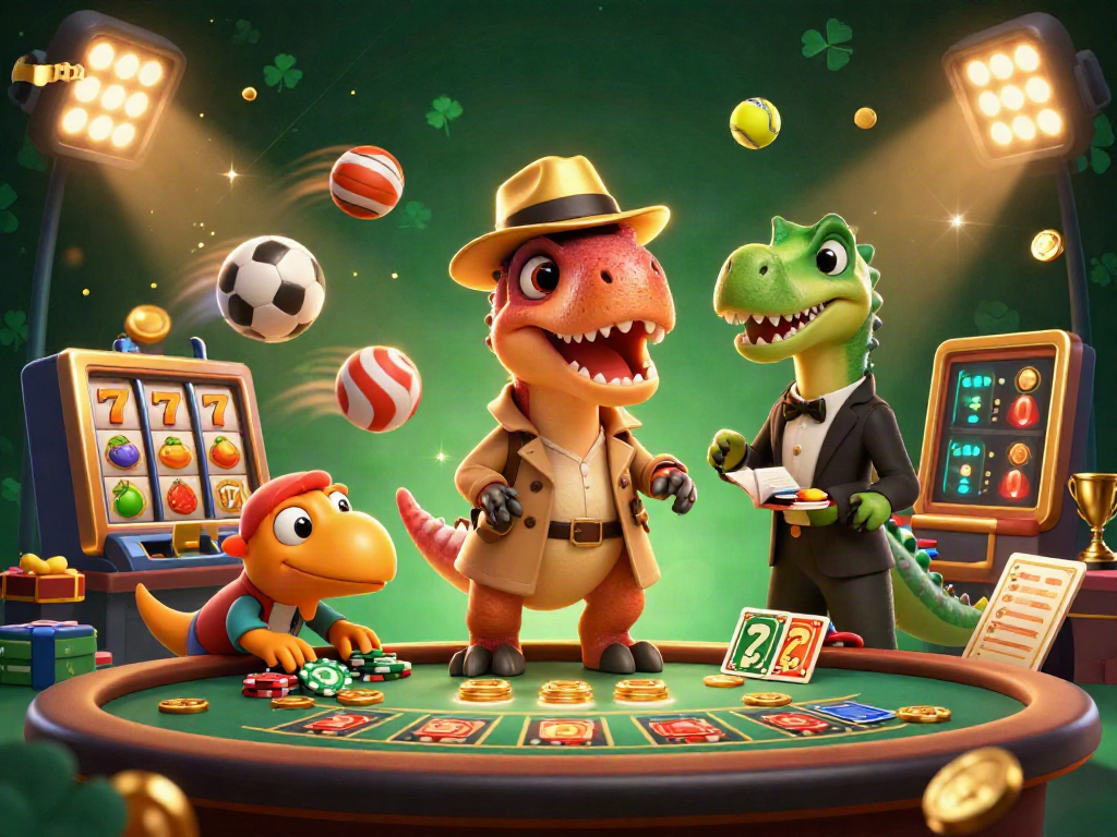 maigrir34 : un velociraptor au blackjack avec un pit boss stégosaure, ambiance animée de casino