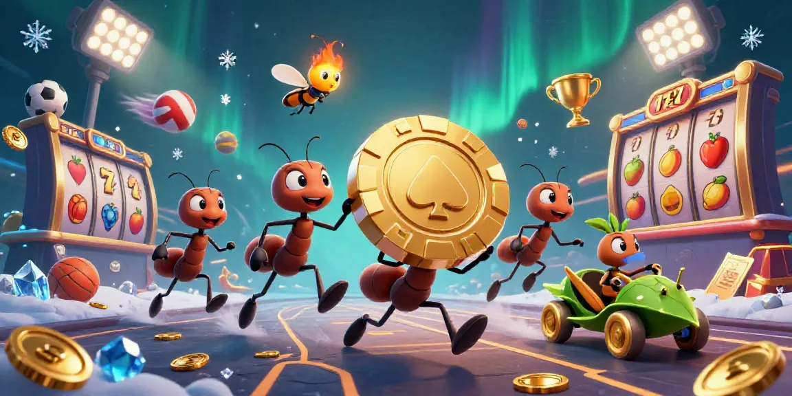 Ants carrying a giant slot chip through a tunnel, showcasing vibrant slot game elements.