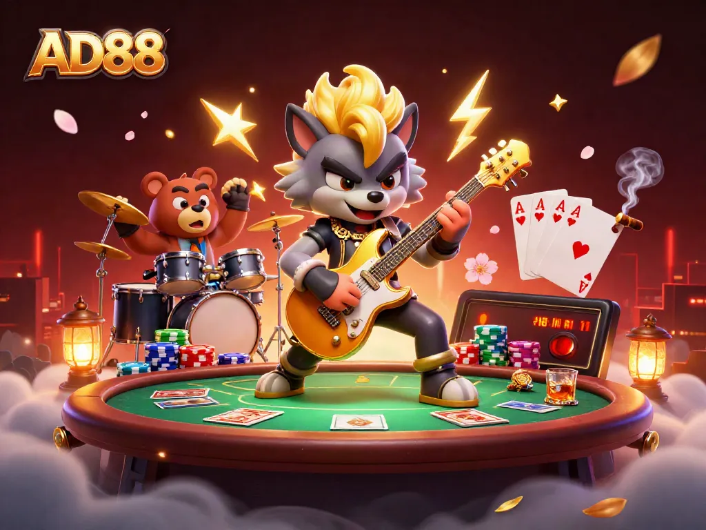 Engage in the excitement of AD88 with a lively casino scene featuring rock star characters and poker elements.