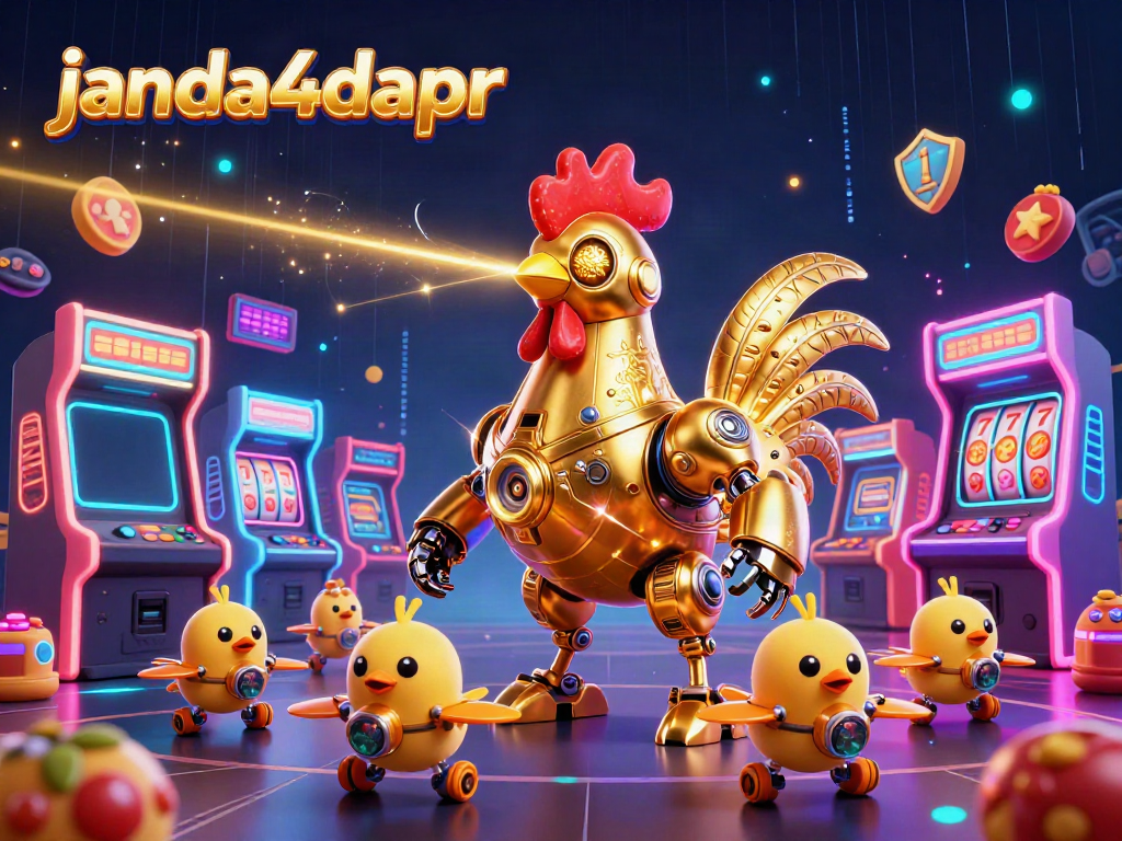 JANDA4DAPR menyajikan ilustrasi robot ayam emas futuristik dan permainan slot yang menarik.