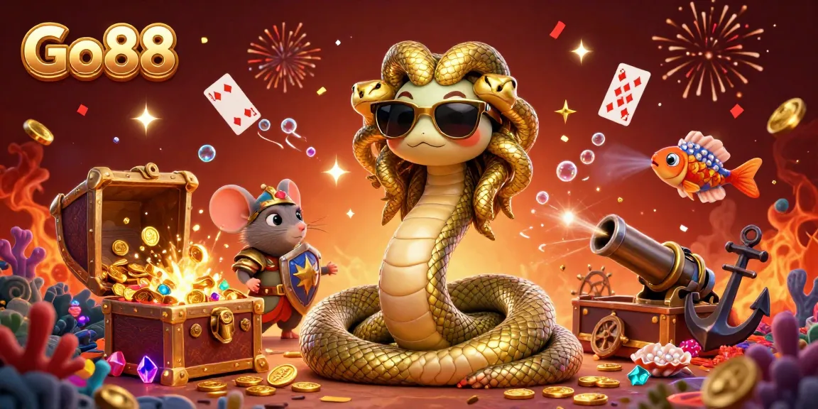 Engage with Go88's exciting casino environment featuring Medusa, a warrior mouse, and vibrant treasures.