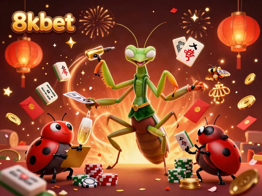 Experience the thrill of 8kbet with a giant mantis card shark and ladybug pit boss in a vibrant casino scene.