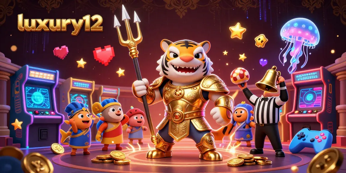 Ilustrasi 3D mewah luxury12 dengan hiu harimau, permainan arcade, dan suasana kasino di bawah laut.