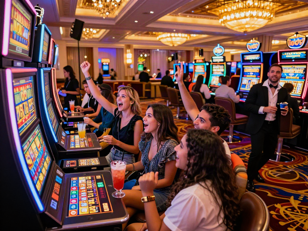 Group celebrating a jackpot win at a Lucky777 slot machine in a vibrant Las Vegas casino.