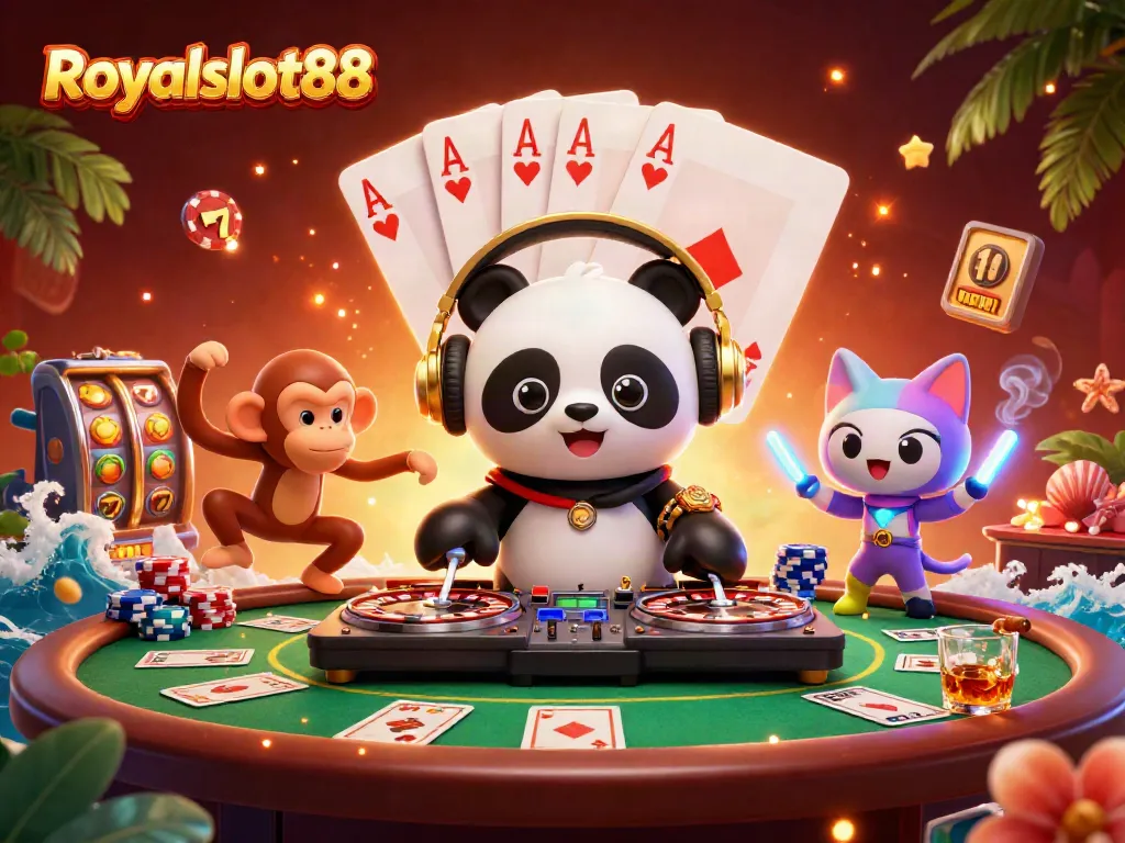 Royalslot88 menghadirkan pengalaman bermain dengan karakter kartun 3D dalam lingkungan kasino yang penuh warna.