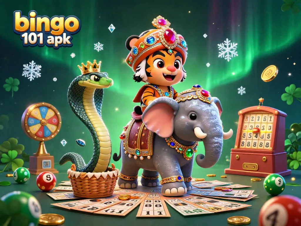 Experience Bingo 101 APK excitement with a vibrant scene depicting a maharaja tiger, elephant, and cobra.