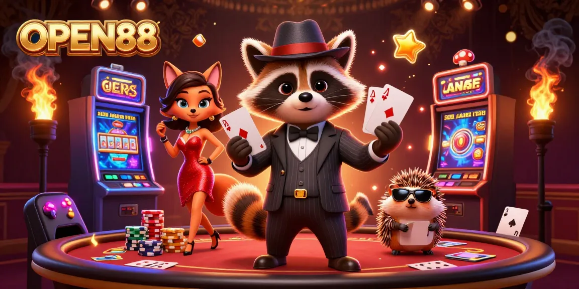 Play exciting games at OPEN88 with a charming raccoon and fox in a vibrant casino scene.
