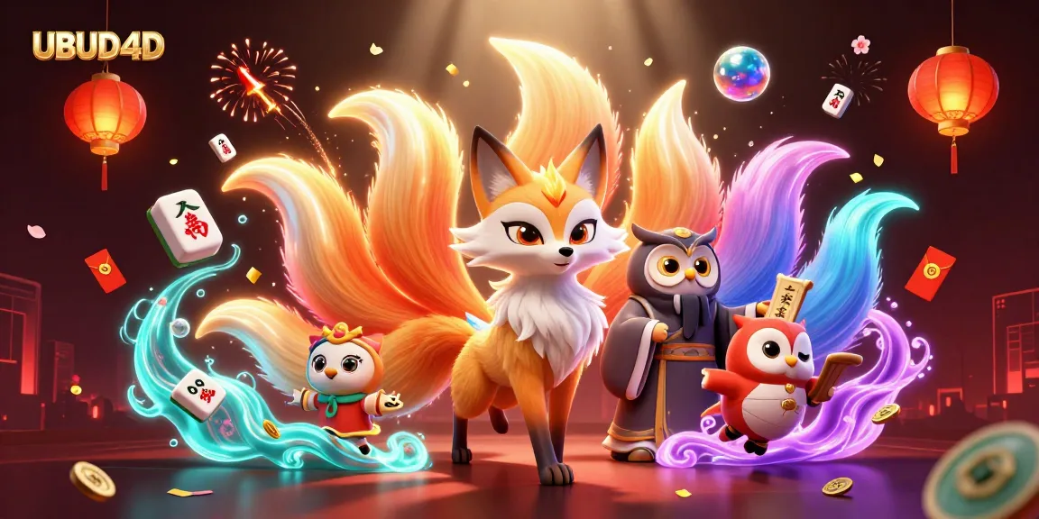 Experience UBUD4D with thrilling gameplay and vibrant visuals featuring slot symbols and spirit characters.