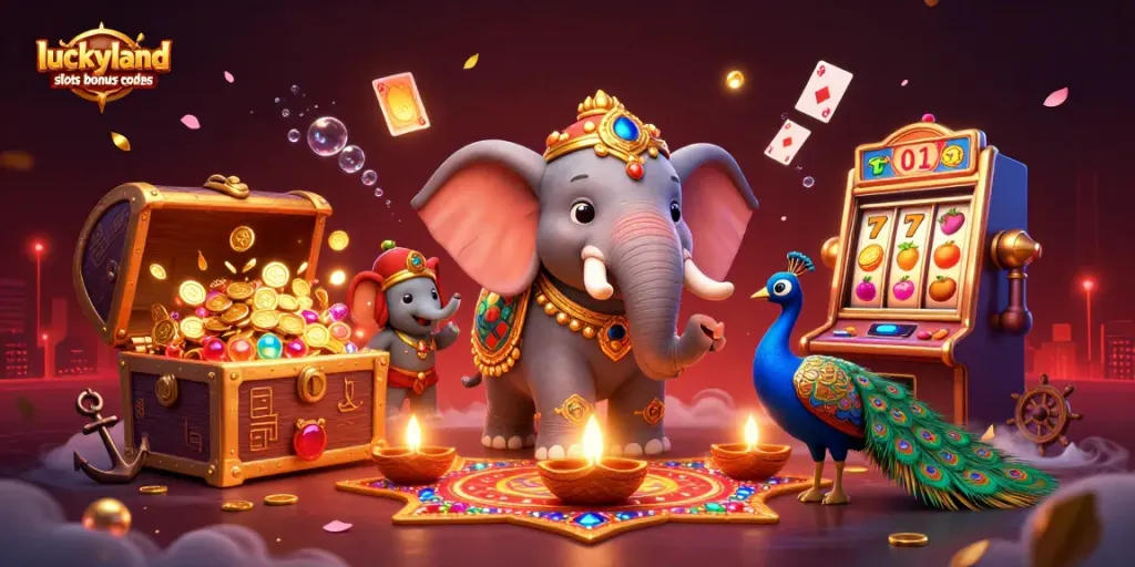 Spin to win with luckyland slots bonus codes featuring vibrant slots and a Diwali-themed elephant in a lively scene.