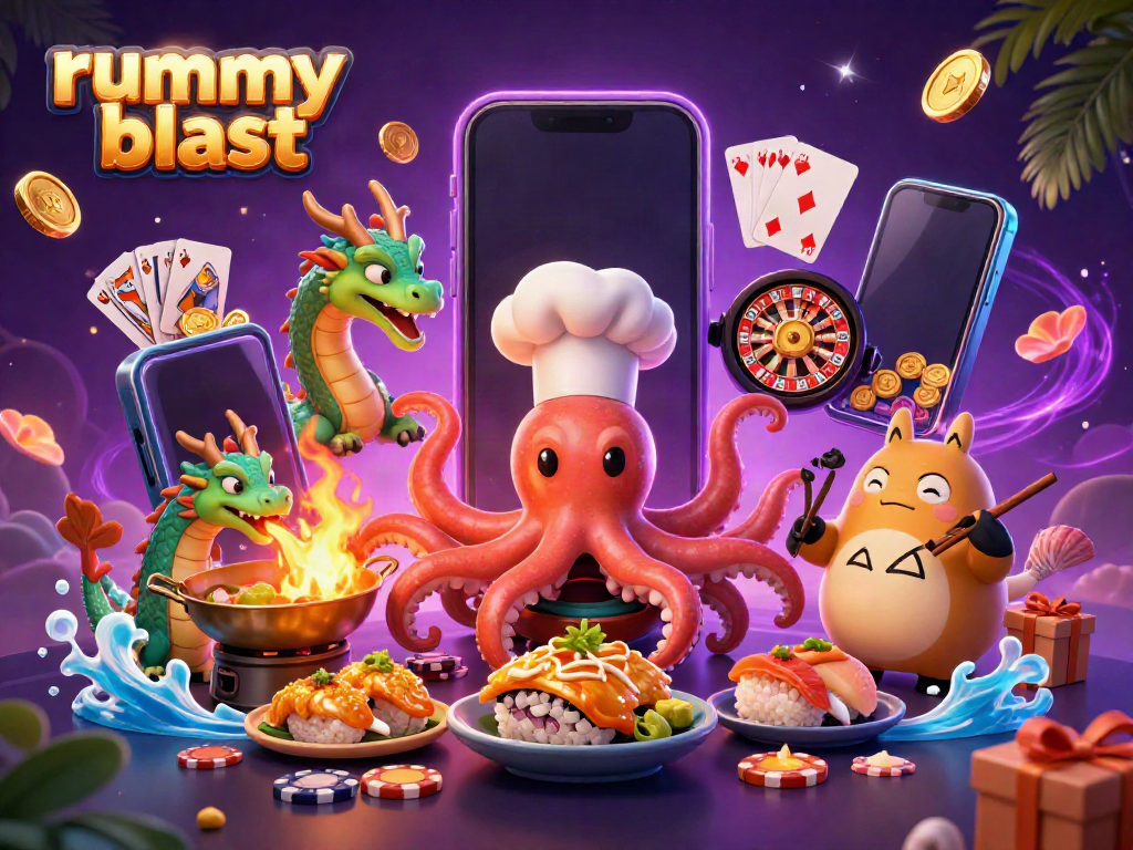 Experience thrilling gameplay with Rummy Blast's dynamic characters and vibrant casino elements.