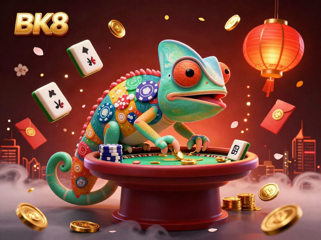 Experience BK8's vibrant casino world with a whimsical chameleon character surrounded by dynamic gaming elements.