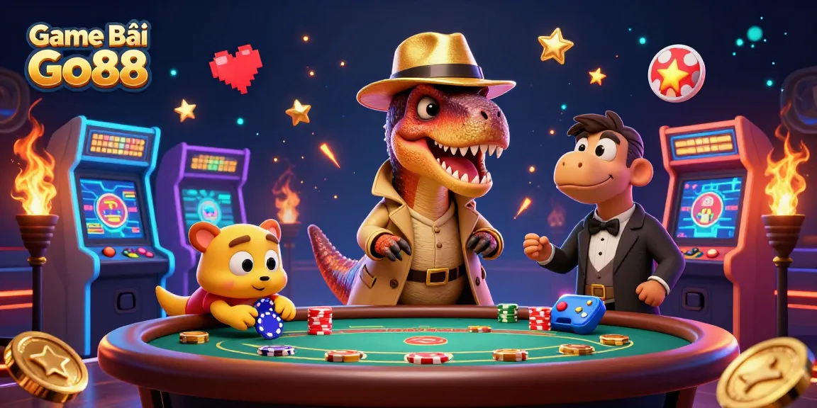 Experience Game Bài Go88 with this vibrant 3D illustration capturing casino excitement and characters.